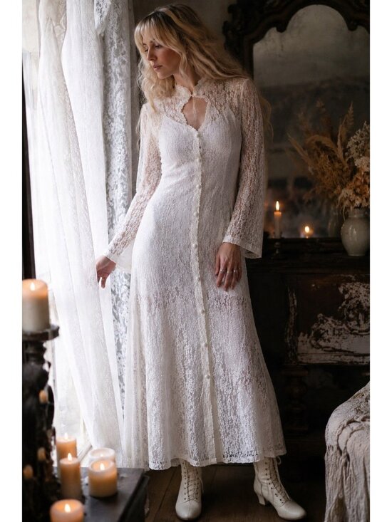 Vintage Dresses & Skirts - Vintage 90s Dawn Joy Midi Dress Sz Medium White Lace Sheer Prairie Whimsigoth